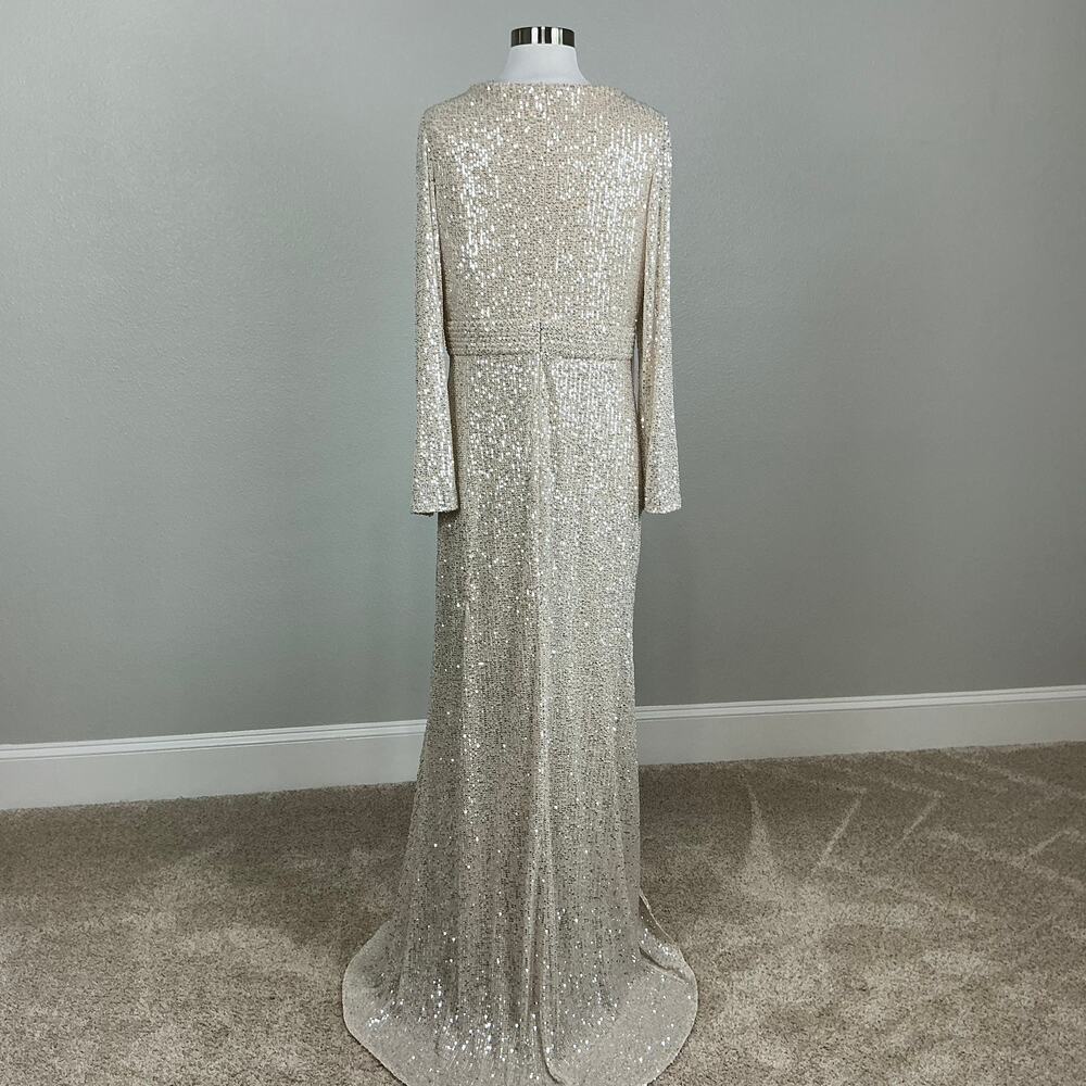 Mac Duggal 26490 Champagne Silver Evening Gown Sequined Long Sleeve Dress Size 6 - Picture 7 of 11